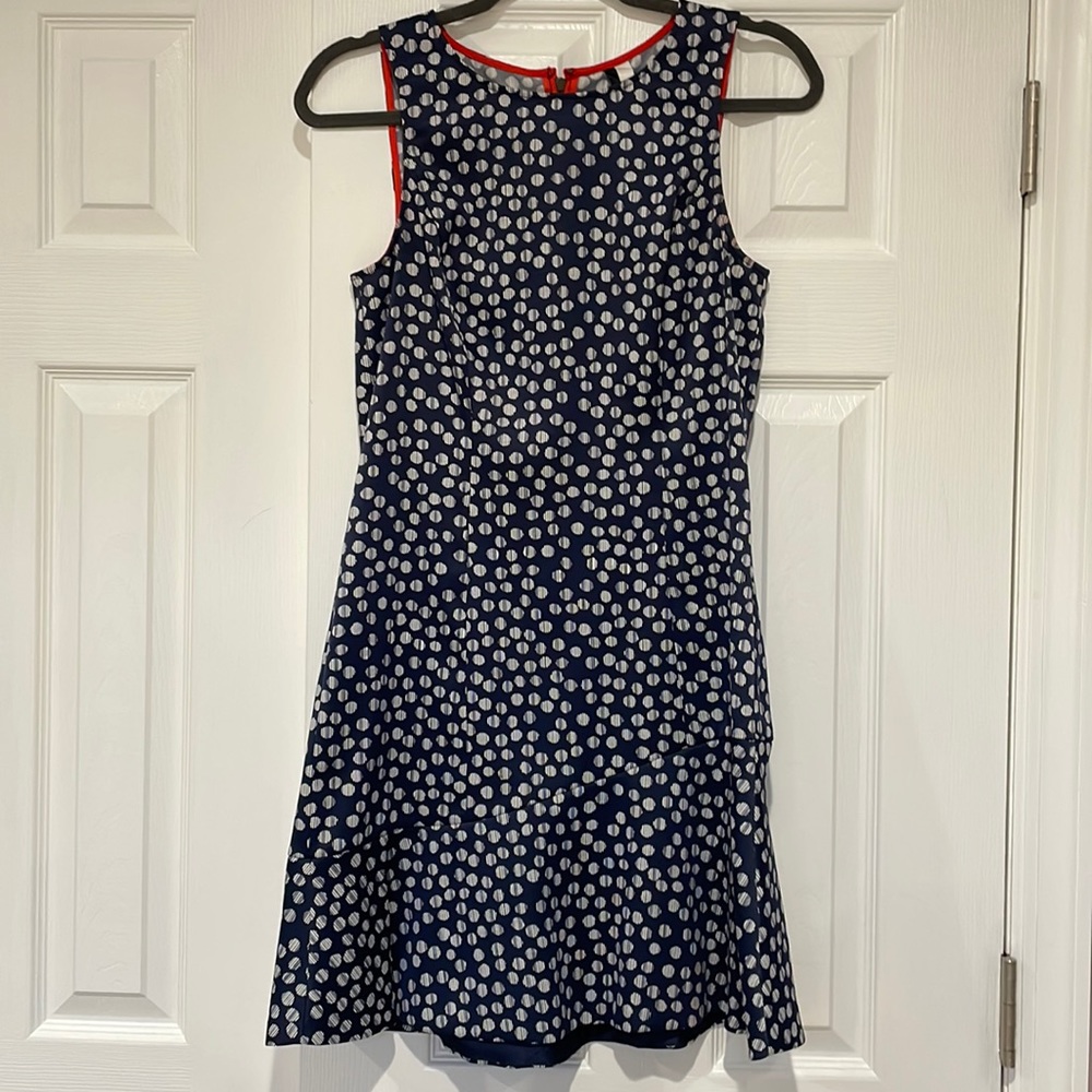Kensie navy blue A-line dress with white polka dots, size small